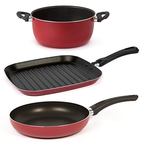 Set Cucina - Ravelli Linea 10 - Padella e Bistecchiera Ø 28 cm e Casseruola Ø 20 cm, 5 Strati Antiaderenti in Alluminio 99,5%