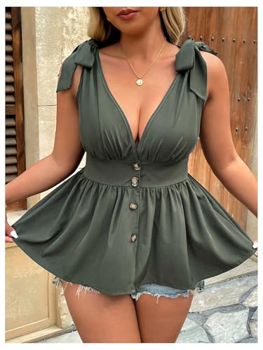 SOLY HUX Women's Plus Size Tank Top Tie Shoulder V Neck Sleeveless Peplum Button Down Tops3