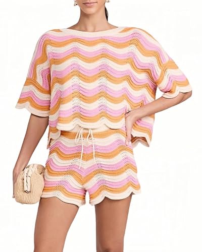 NIFTRIRY 2 Piece Sets for Women Short Sleeve Striepd Crochet Cover Up Tied Shorts Beach Clothes Pink