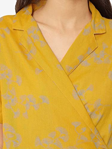 Image of SAAKI Womens Pure Cotton Regular Fit Autumn Overlap Kurta Set (Yellow)