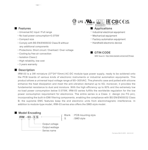 Alimentation IRM-03-5 module de puissance AC-DC 3W 5V pour circuit imprimé - 3