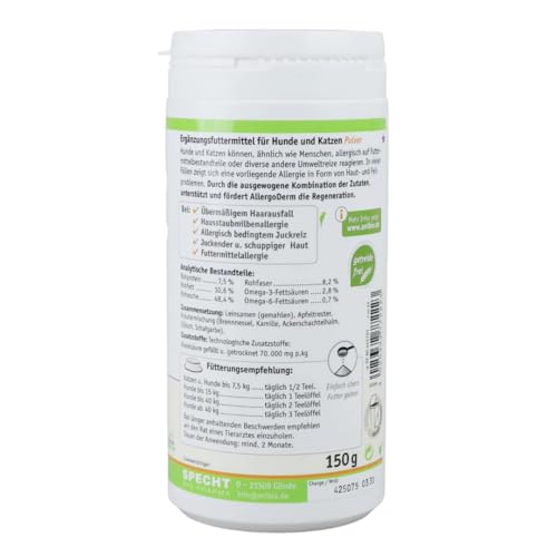 Anibio AllergoDerm 150g Haut- & Fellpflege Pulver für Hunde und Katzen – Ergänzungsfuttermittel bei Juckreiz, schuppiger Haut & Haarausfall – Getreidefrei, mit Leinsamen, Kräutern & Omega-Fettsäuren