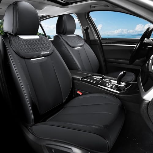 Image of Coverado Car Seat Covers Front Seats, Nappa Leather Front Seat Covers, Waterproof Car Seat Cushion, Black Seat Covers Car Seat Protector Interior Accessories Fit for Most Cars