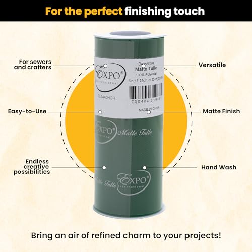 Image of Expo International Decorative Matte Tulle, Roll /Spool of 6 Inch x 25 Yards (Pack of 1), Polyester-Made Tulle Fabric, Matte Finish, Lightweight, Versatile, Washable, Easy-to-Use, Hunter Green
