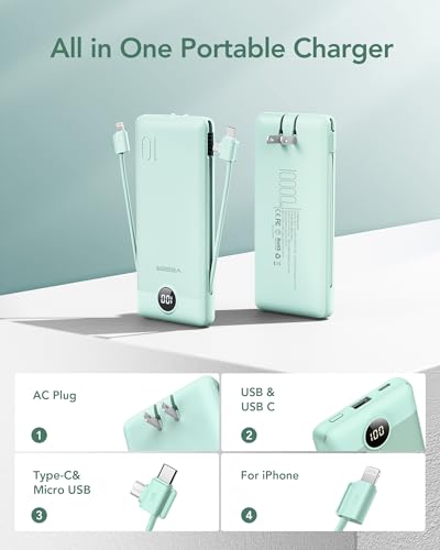 VEGER Portable Charger for iPhone with Built in Cables and Wall Plug, 10000mah Slim Fast Charging USB C Power Bank, Travel Essential Battery Pack Compatible with iPhone, iPad, Samsung etc(Green)2