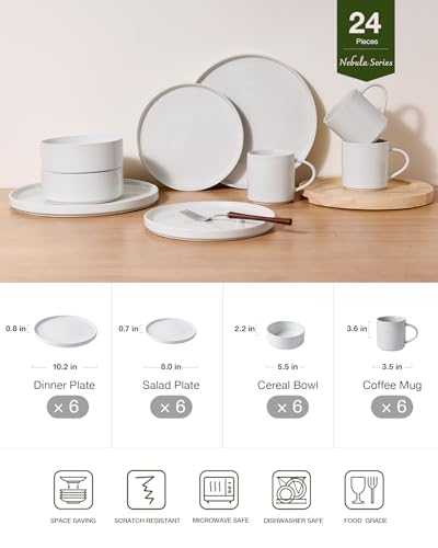 Image of Famiware Nebula Dinnerware Sets with Mugs, Service for 6 (24 Pieces), Fine Stoneware Plates and Bowls Sets, Microwave and Dishwasher Safe Dishes Set, White
