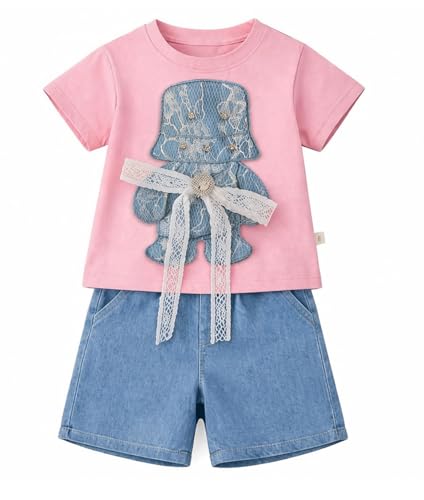 Image of Bold N Elegant Baby Girl Cotton Printed Cute Duck Cartoon Bow Embellished T-Shirt Top & Shorts Summer Casual Clothing Set