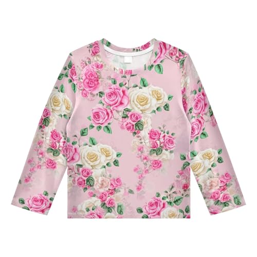 DOMIKING Rose Blossom Cluster Pink Boys Long Sleeve Rashguard Shirt Kids Quick Dry Swim Shirt for Running Swiming Pool 11-12T