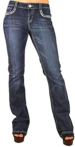 Women's Ripped Bootcut Jeans Mid Rise Flare Bottoms Vintage Distress with Rhinestone Pockets S96-PB4