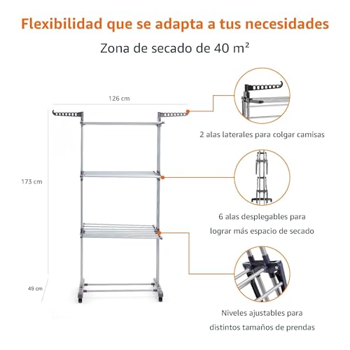 Miniatura 3 de Amazon Basics Tendedero Tipo Torre, Para Interior, Con Alas Plegables, 40 M, Plateado