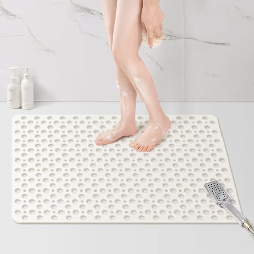 Yolife Large Shower Mat, 35 x 24 inch Non Slip Shower Mats for Inside Shower with Drain Holes and Suction Cups for Bathroom, No Odor TPE Shower Floor Mat, White