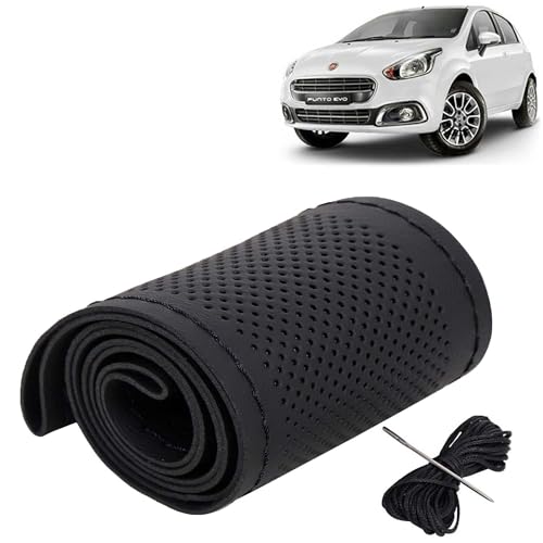 Image of KINGSWAY PU Leatherite Car Steering Cover Sewable Compatible with Fiat Punto Evo (Year 2012-2019), Black Color with Black Thread, Pack of 1 with Sewing Needle and Thread
