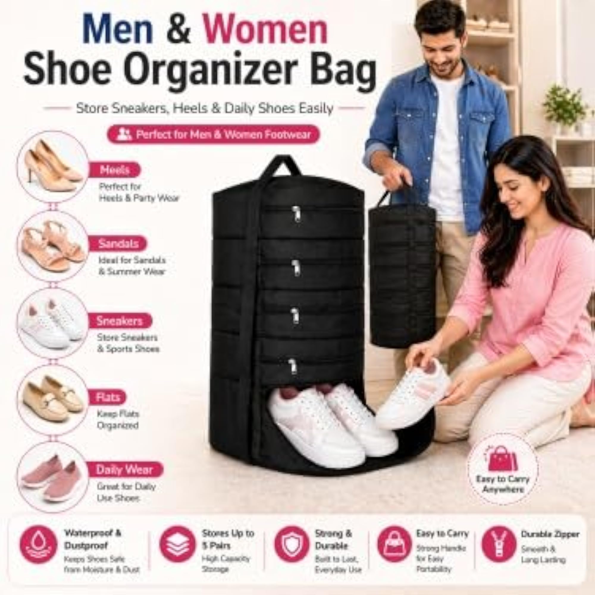 5-Pocket Shoe Organizer Bag for Travel, Foldable Polyester Cover