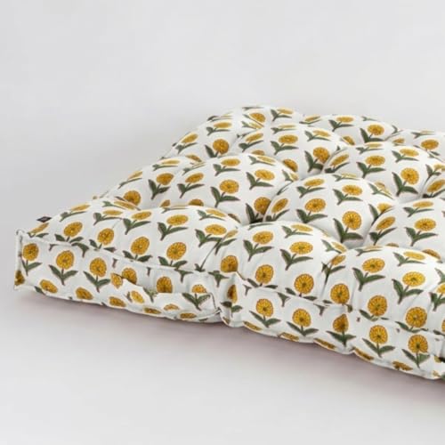 Image of Low Seating Floor Cushion 70 x 152 cm with 2 Back Support Cushions | Thick Quilted Cotton Floor Mattress Pad | Floral Printed Gadda for Sitting, Meditation, Yoga & Living Room Floor Seating