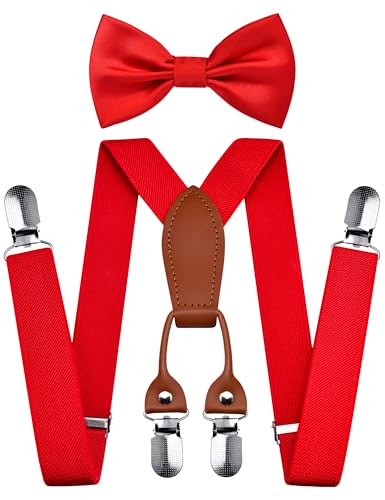 Branduce Red Baby Boy Bow tie and Suspender Set with 4 Strong Clips Adjustable Kids Y Back Suspenders (SS02-30)