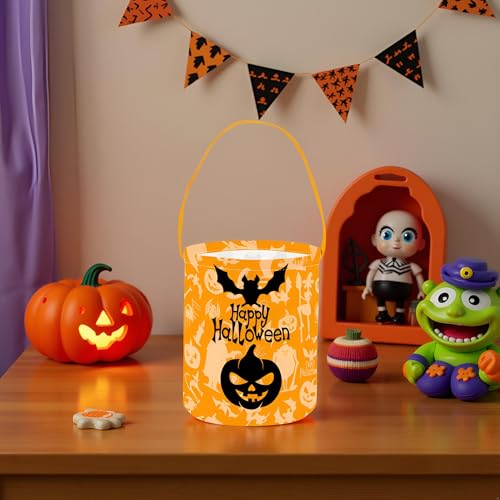 Image of Halloween Bucket for Trick or Treat Kids Halloween Pumpkin Bucket Halloween Candy Snack Baskets Pumpkin Halloween Party Decoration (Happy Halloween)