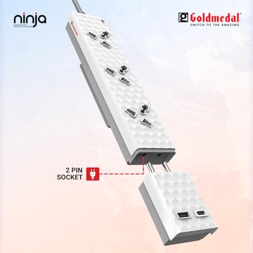 Image of Goldmedal Ninja 3x1 Power Strip with Detachable 25W USB Charger with PD & Quick Fast-Charging, 2 Meter Cable, 3 International Sockets with Plugged-in Type A & Type C Detachable Charger for Travelling