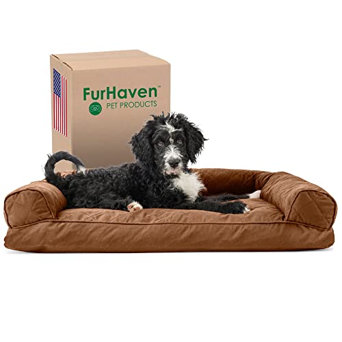 Furhaven Pillow Dog Bed for Large/Medium Dogs w/Removable Bolsters & Washable Cover - Quilted Sofa - Toasted Brown, Large