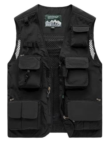 Vanchenl Herren Freizeit Safari Angeln Outdoor Arbeit Weste Jacke Foto Reise Cargo Mesh Weste Multi Taschen Schwarz M