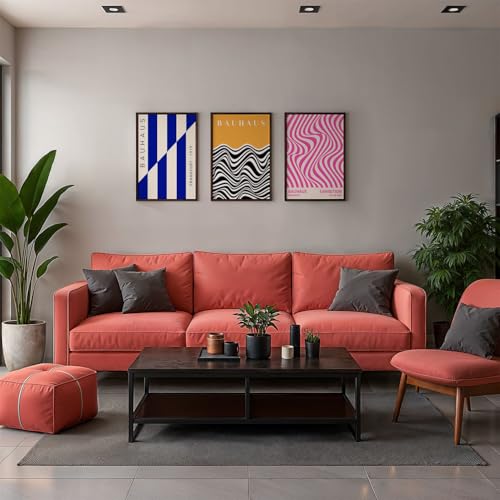 Image of SoulAbiti Geometric Shapes Series set of 3 Framed Wall Print 12x18 inch Dark Brown Frame Plexi-Glass Bauhaus Art ready to hang for living room bedroom office decor