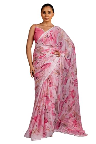 Image of MIRCHI FASHION Saree for Woman Georgette Floral and Leaf Printed | Elegant Farewell and Ceremonial Women's Sari with Blouse Piece
