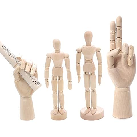 Lazeny 4pcs Wooden Manikin Hand Model, Figure Sculpture Human Art Mannequin, Hand Model with Flexible Fingers, Painting Drawing Aid Art Class Model Tool Jewelry Display Stand Home Office Desk Decor Cover