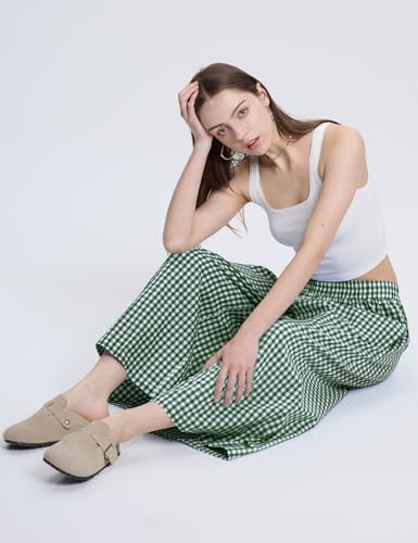 Image of LOMON Womens Wide Leg Capri Pants Gingham Plaid Culottes Summer Elastic Waist Palazzo Trousers Bottoms with Pockets
