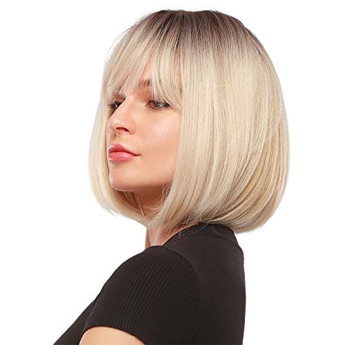 Miniatura 4 de EMMOR Peluca corta rubia ombré para mujer, pelucas de cabello sintético natural con flequillo, uso diario para fiestas de disfraces (2 gorras de