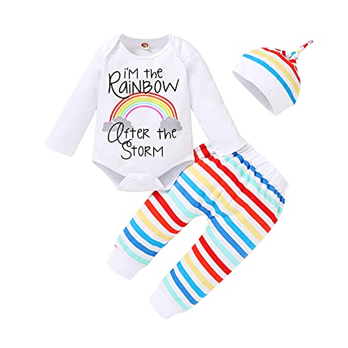 Image of HAPPYMA Newborn Infant Baby Boy Girls Rainbow Outfits Letter Print Romper + Cloud Rainbow Pants + Hat 3Pcs Clothes Set