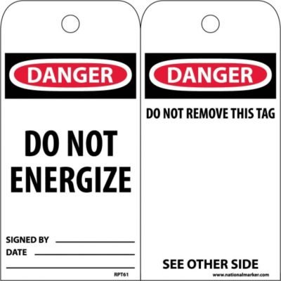 NMC RPT61 "Danger - DO NOT Energize" Accident Prevention Tag, Unrippable Vinyl, 3" Length, 6" Height, Black/Red on White (Pack of 25)