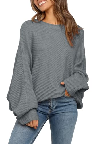 Fessceruna Damen Pullover Oversize Fledermausärmel Strickpullover Winter Rundhals Pulli Geripptes Sweatshirt(Grau, M)