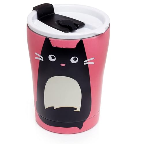 Puckator Feline Fine Cat Reusable Stainless Steel Hot & Cold Thermal Insulated Food & Drink Cup 300ml - Thermos Travel Mug - Tumbler with Straw and Lid - Insulated Bubba Cup - Thermal Drink Bottle