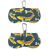RODAILYCAY Eyeglasses Case Soft for Men Women, Portable Sunglass Pouch with Carabiner Hook, Leather Buckle Eyewear Holder Cute Golden Muskie Fishes