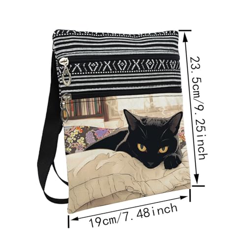 Black Cat Messenger Bag Small Ethnic Pattern Printed Adjustable Strap Crossbody Zipper Bag Black Cat Phone Bag Wallet Cute Shoulder Handbag for Women - 52