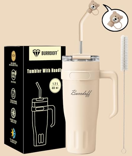 Image of Insulated Tumbler with Straw Lid and Handle (1200 ML) Double Wall Sipper Water Bottle for Adults, Tumbler Bottle with Straw (Luxe Creme, 1200 ML, with Bear Straw Coverr)