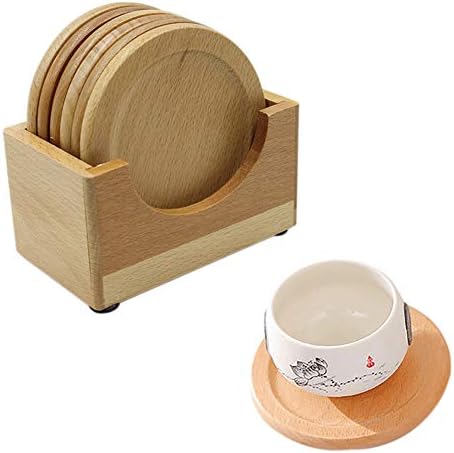 Amamcy Wooden Drink Coasters Set of 6 with Holder, Round Cup Mat for Cold Drinks and Hot Beverage
