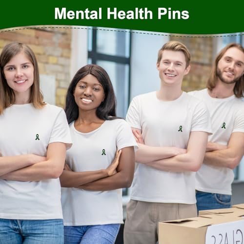 Image of WANDIC 100 Pcs Green Ribbon Pin, Mental Health Liver Cancer Bile Duct Cancer Environment Issue Awareness Ribbon Brooches Hope Faith Lapel Pin for Men Women Charity Event