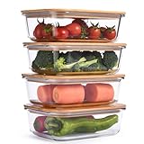 Vdomus Glass Food Storage Containers with Bamboo Lids (Pack of 4) - Stackable Meal Prep Container -