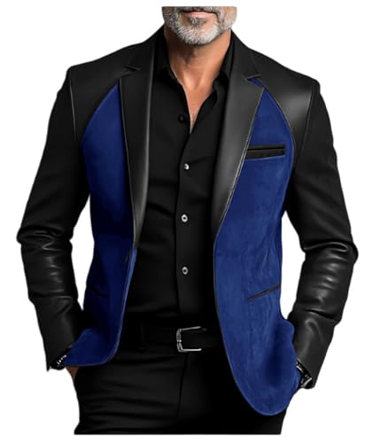 VVENNYNG Classic Men's Suit Coat PU Splicing Notched Lapel Tuxedos Blazer Suede Party Jacket