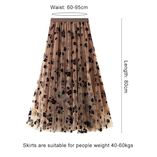 HOOTO Women's Floral Print Tulle Midi Skirt Elastic High Waist Pleated Mesh Flowy A-Line Tutu Skirts for Party Bridesmaid Wedding Daily Khaki