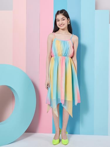 Image of Pspeaches Girl's Striped Shoulder Strap Crepe Fit Flare Midi Dress Stylish Casual Wear