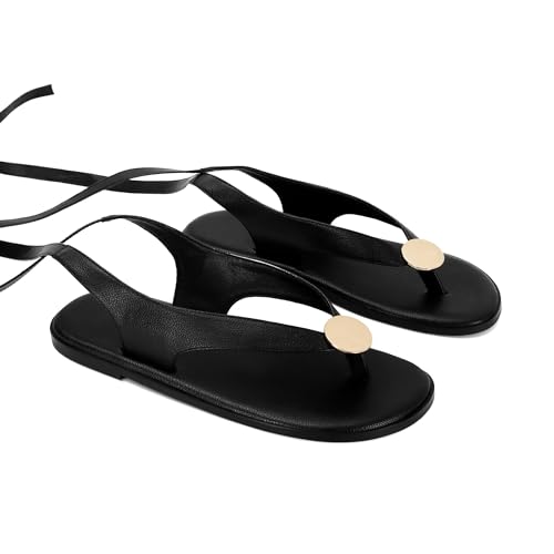Image of Flat Sandals for Women Strappy Sandals Comfortable Dressy Beach Flip Flop Slides Thong Sandals for Women with Metal Circular