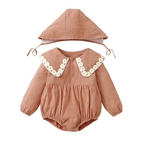 Ropa de Bebé Niña Invierno Niño Mameluco Algodón Lino Margarita Collar Monos de una sola pieza+Sombrero Trajes Otoño, Ladrillo-Rojo, 6-12 meses