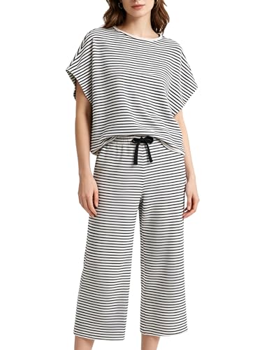 Image of Bozanly 2 Piece Sets for Women Short Sleeve Tops and Capris Loose Matching Pajama Sets Sweatsuits