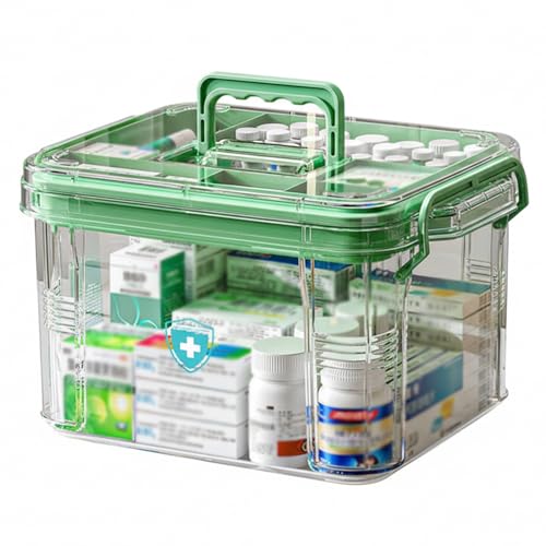 Boîte à médicaments premiers secours verte avec double compartiment et couvercle transparent - 2