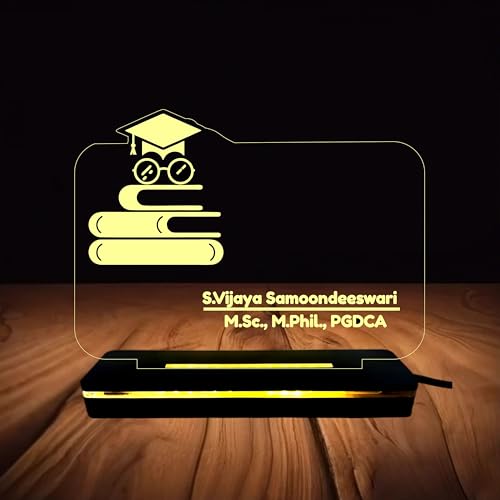 Image of PRINTKART Teachers Name and Designation Personalised LED Name Gifts 3D Illusion Lamp Laser Cut Acrylic Transparent Wooden Base 7 x 5 Inches