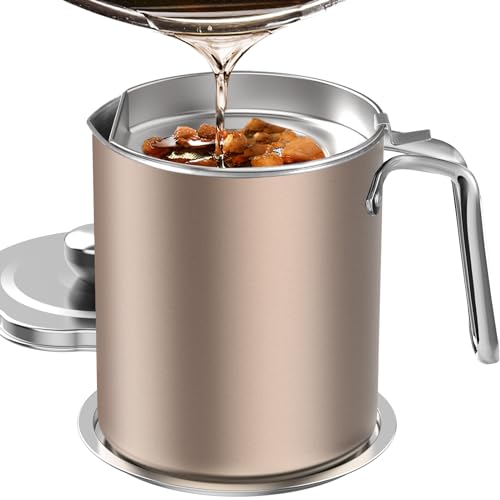 Image of Chihee Grease Container Stainless Steel 2L / 67.6 fl oz Fine Mesh Strainer | Easy to Clean Large Spout Bacon Grease Saver Cooking Oil Keeper Stoarge Can with Dust-proof Lid Non-slip Tray Kitchen Frying