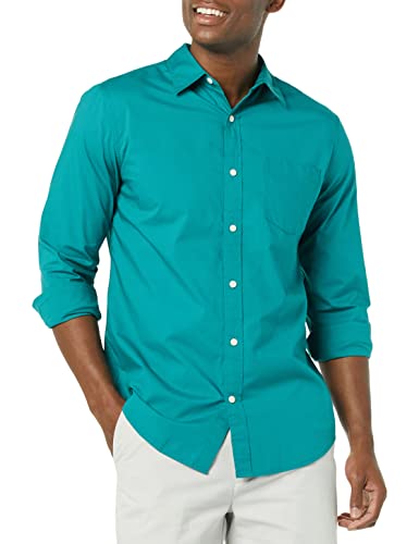 Amazon Essentials Men's Long-Sleeve Slim-Fit Stretch Poplin Shirt, Teal Blue, Large