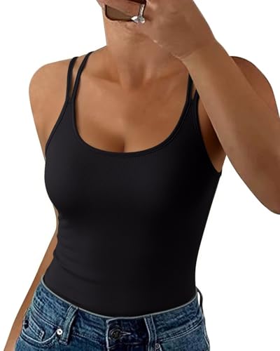 HMIYA Spaghetti Tank Top Damen Sommer Gerippt Rückenfrei Stretch Slim Fit Oberteile Sexy U-Ausschnitt Ärmellos Basic Camisole（Schwarze,M）