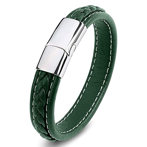 Dsnyu Mens Leather Bracelets, Silver Green Friendship Bracelet with Stainless Steel Magnetic Clasp, Simple Vintage Bracelet for Husband
